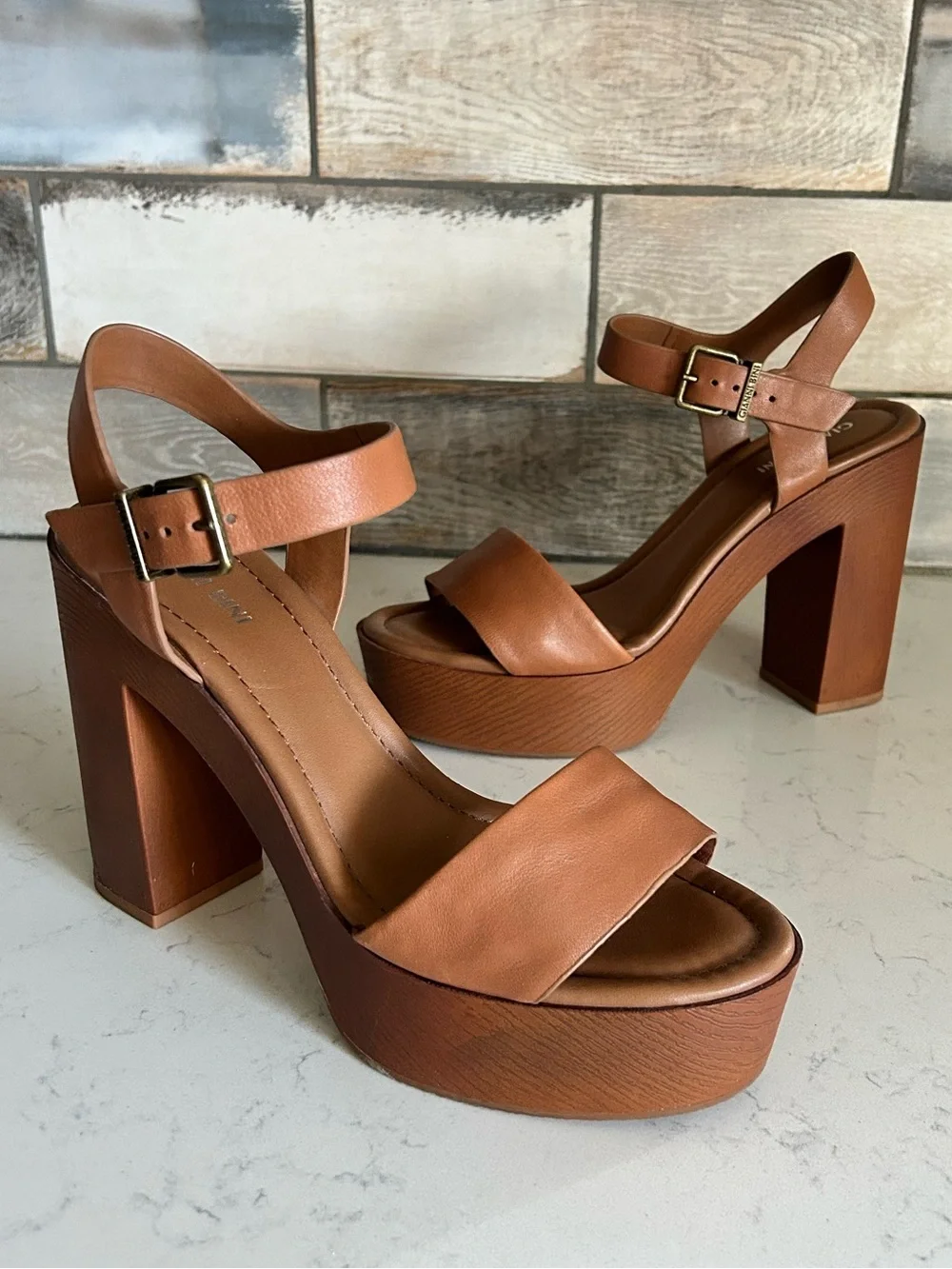 Gianni Bini Leather Platform Heel Sandals in Rich Caramel